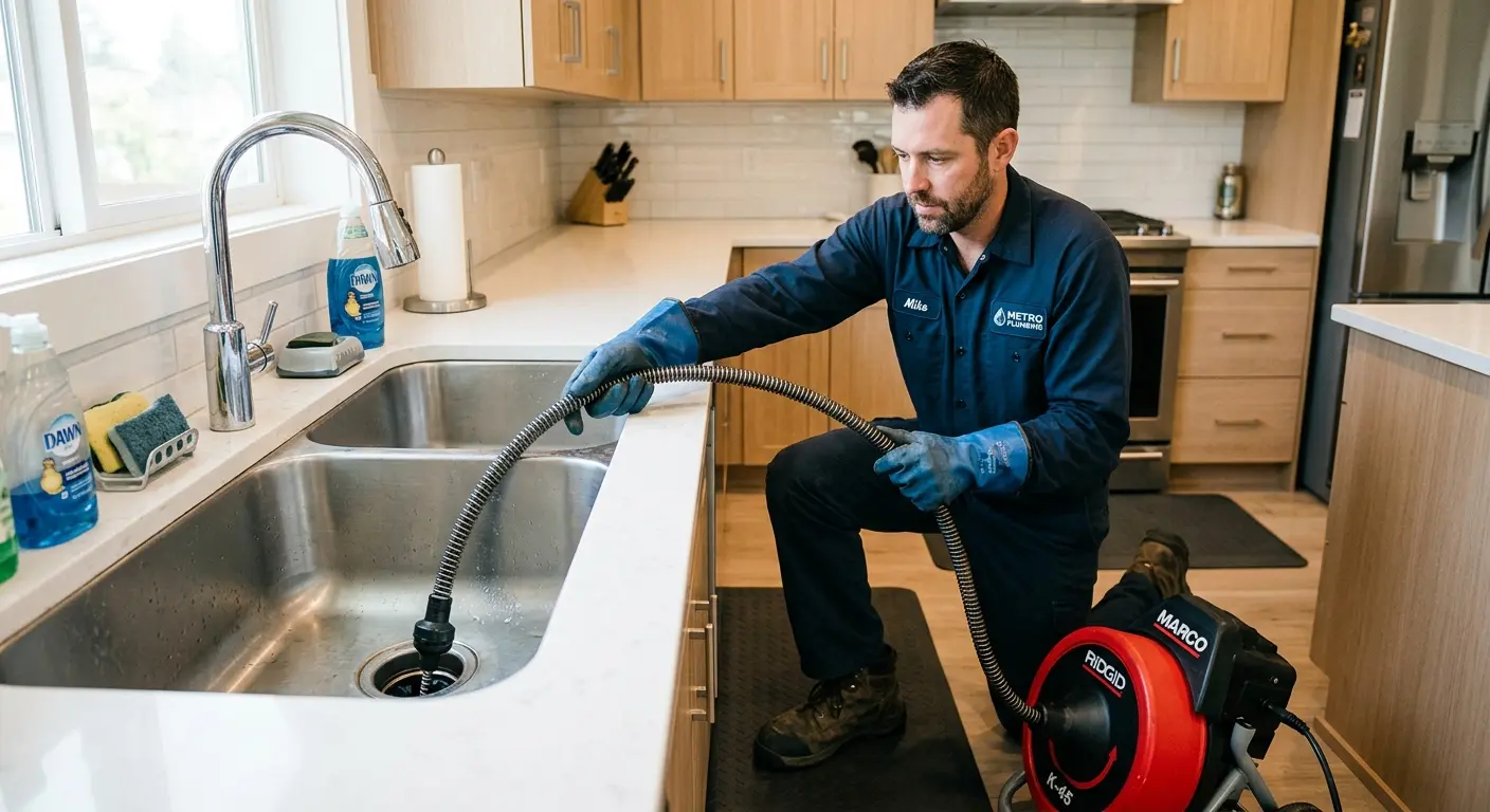 Drain cleaning technician using a motorized snake on a kitchen sink in Peoria