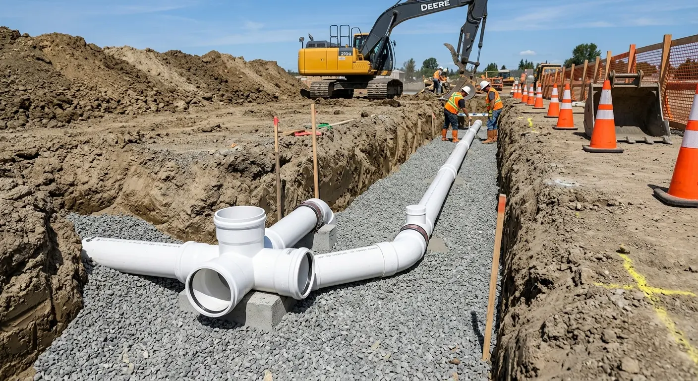 New PVC sewer pipe installation in open trench for Grease Trap Cleaning in Peoria