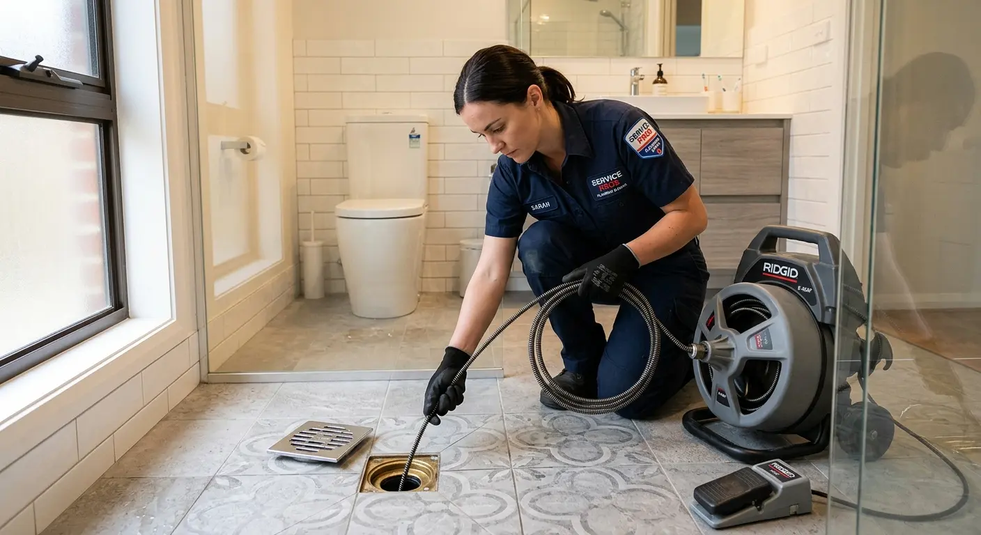 Technician clearing a bathroom floor drain for Sewer Line Installation in Peoria